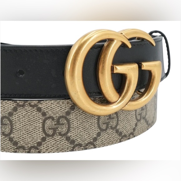Gucci Black and Cream Belt with Gold GG Buckle - Picture 4 of 8